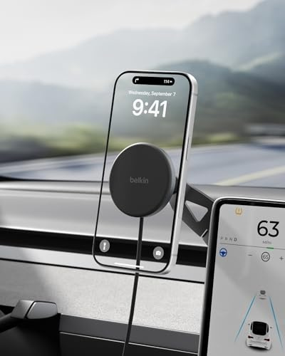 Belkin Tesla Phone Mount, Magnetic Wireless Car Mount for EV (Strong Magnet) w/ 3.3ft USB C Cable, Qi2 MagSafe Compatible Fast Charging for iPhone 17/16/15, Model 3, Model Y, etc. - Tesla Accessories