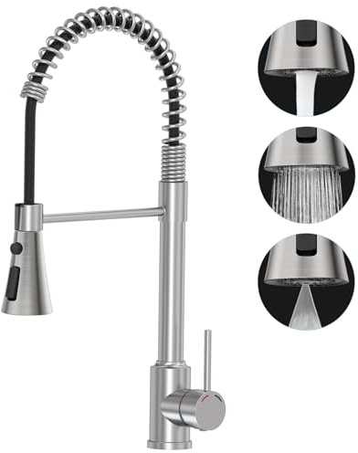 SREWOHS PRO Grifo de Cocina con Ducha Extraíble – Grifo Fregadero de Acero Inoxidable 304, Cabezal de 3 Funciones, Alta Presión, Monomando en Níquel Cepillado