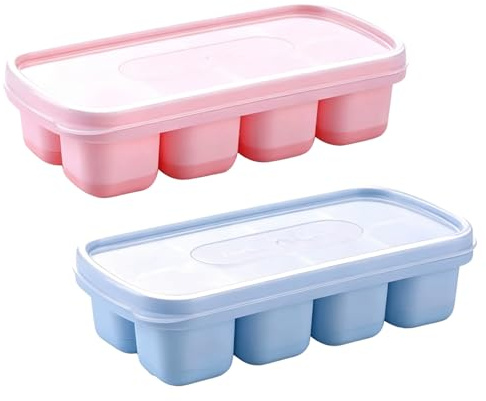 WUMZIRA Set di 2 Stampi Ghiaccio in Silicone con Coperchio, Cubetti Ghiaccio Grandi per Cocktail e Bevande, Porta Ghiaccio per Freezer in Silicone Alimentare Senza BPA, 8 Scomparti, Blu e Rosa