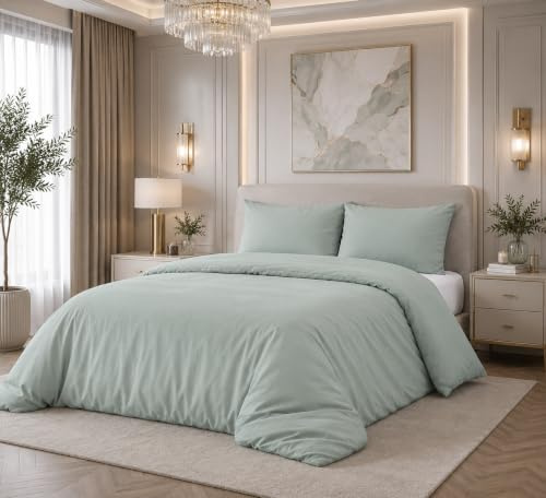 Funda Nórdica Satén 300 Hilos 100% Algodón (Verde Agua, Cama 150cm 240x220cm + 2 Fundas Cojin 50x70)