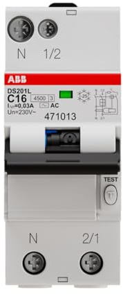 ABB RCBO DS201 FI/LS-Schalter 16A, 1P+N-polig Typ C, Empfindlichkeit 30mA, DIN-Schienen-Montage