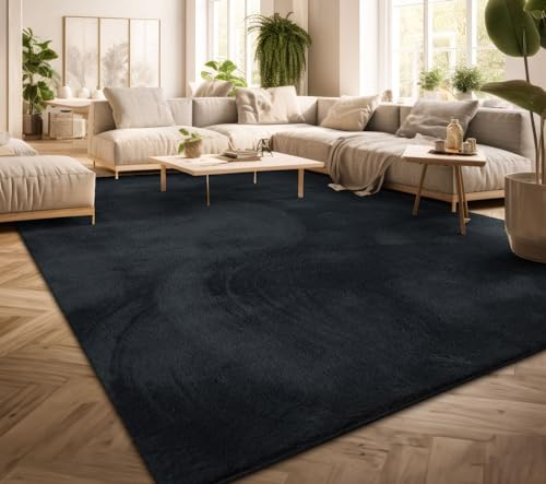 TT Home Wohnzimmer Teppich Kurzflor Anti-Rutsch Rückseite Unifarben Modern Waschbar, Farbe: Blau Navy, Größe:160x220 cm