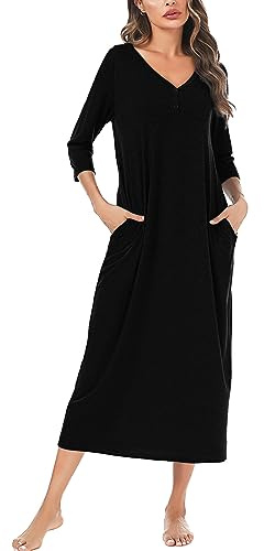 Leversic Women's Long Nightdress 3/4 Sleeve Cotton Long Nightgown Button V Neck Soft Nighties Loose Fit Women’s Dressing Gown With Pockets(Black,L)