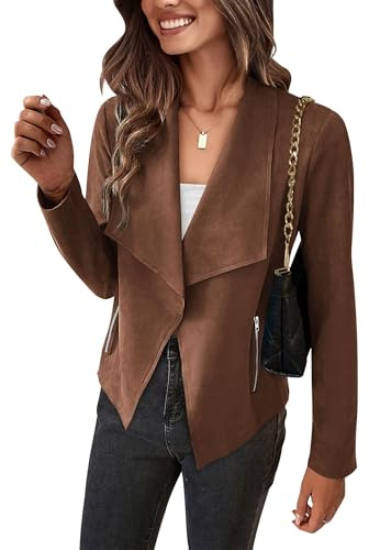 PRETTYGARDEN Women 2026 Fashion Fall Coats Outerwear Long Sleeve Open Front Crop Faux Suede Leather Jackets (Coffee,Large)