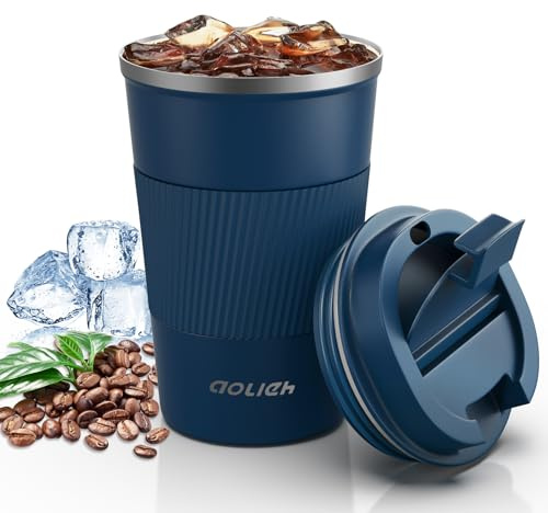 Aolieh Travel Mug, Insulated Coffee Cup with Lid, Reusable Double Walled Vacuum Flask Leakproof Coffee Mug, Stainless Steel Thermal Cup for Hot Cold Drinks, Coffee, Tea and Beer, Navy Blue 380ml