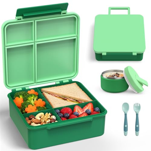 LOHASOK Bento Lunch Box Kids with 8oz Soup Thermo, Leak-Proof Lunch Containers with 4 Compartment, Thermo Hot Food Jar and Insulated Lunch Box for School Green
