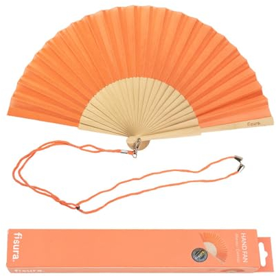 Fisura – Éventail orange pêche. Éventail moderne et amusant en bois. Éventail original pour l'été. Éventail avec cordon pour éventail. Dimensions : 42,5 x 23 cm