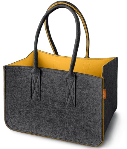 Miqio Design Filz Shopper | große Einkaufstasche mit Henkel und Innentasche | Shopping-Bag Einkaufskorb | Tragetasche aus Filz| Aufbewahrungskorb | Dunkelgrau-Gelb