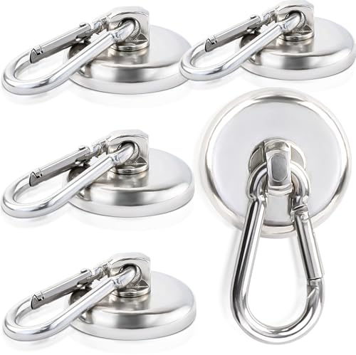 MIN CI Starka magneter med krok 40 kg, 32 mm magnetkrok, extra starka neodymmagneter, stora magnetiska krokar, magneter, karbinhakar, extra starka magneter med ögla för kök, badrum, skåp, 5 stycken
