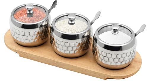 BSDLZCH 3pcs/set Stainless Steel Sugar Bowl Coffee Seasoning Jar Condiment Pot Spice Container Canister Cruet with Glass Lid and Spoon
