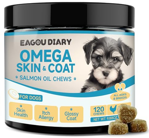 Omega 3 Salmon Oil for Dogs - Skin & Coat Supplement for Dogs, Itchy Skin & Allergy Relief - Fish Oil Chews with EPA & DHA Fatty Acids, Angelica, Methionine, Vitamins & Minerals - 120Ct