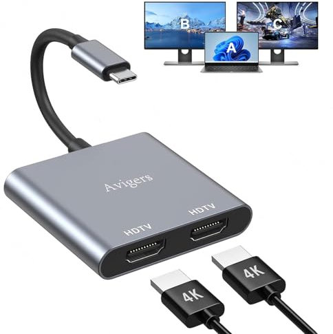 Avigers Switch HDMI, USB C to Dual HDMI Adapter 4K@60Hz, Splitter hdmi 2 Sorties, USB C to Hdmi Splitter Extended Display para Portátiles, Tablettes, etc (HDmi Simple 4k@60HZ o HDMi Doble 4K@30Hz)