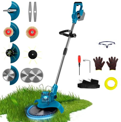 Batteridriven grästrimmer, kompatibel med Makita 18 V batteri (utan batterier), infällbar elektrisk grästrimmer med skärhuvud, stråd 10 m, 4 skärblad, trådborste