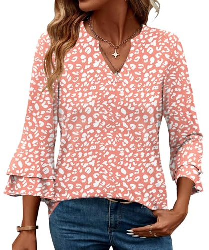 IEEILULU Blusa Donna Elegante Maniche a 3/4, Casual, alla Moda Scollo a V con Maniche a Volant Top (IT, Testo, S, Regular, Regular, Rosa)