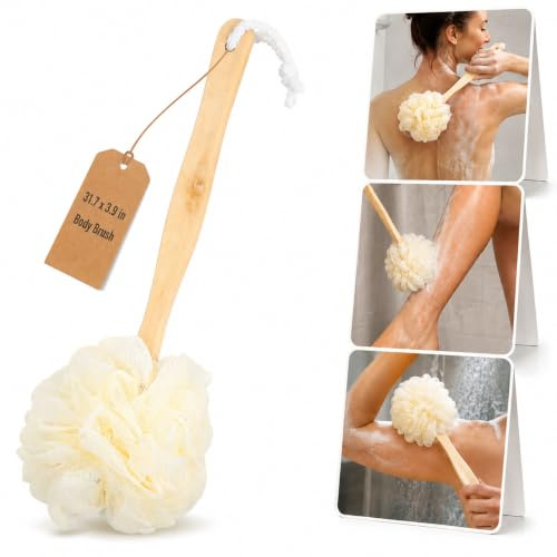 GALPADA Shower Body Brush - Long Handle Back Scrubber with Gentle mesh Pouf for Sensitive Skin exfoliating, Premium Wood Bath Sponge for Men Women Elderly, 13.8