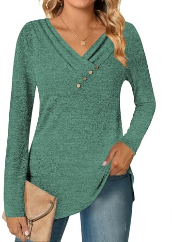 DUOEASE Magliette Donna Manica Lunga Decorazione del Bottone Top Casual Confortable Maglia(Verde Foresta,L)