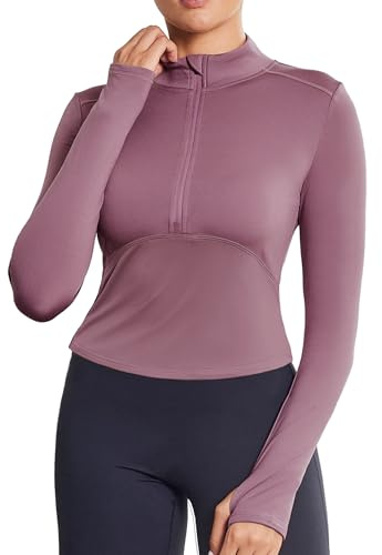 PINSPARK Sportskjorta dam, fleece, långärmad tröja med 1/4 dragkedja, termoundertröja, sport, t-shirt, slim fit, funktionell tröja, löpskjorta, träning, yogatoppar, gym, topp, lila, XL