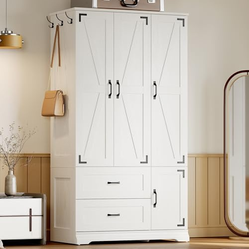 LIKIMIO Armoire Wardrobe Closet 71 H, Bedroom Wooden Wardrobe with 4 Doors and 2 Drawers, Farmhouse Clothing Storage Cabinet Combination with Hanging Rod, Shelves, and Hooks, White