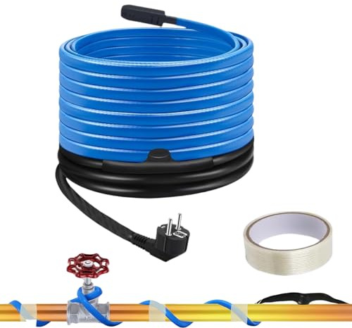 Cable calefactor, 6 m, banda calefactora autorregulable, con termostato integrado, calefacción de canalones de 26 W/M, autorregulación con enchufe de protección, cable de protección contra heladas