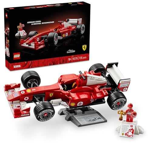 LEGO Icons Ferrari F2004 & Michael Schumacher - F1 Car Model Kit for Adults - Display Set w/ V10 Engine & Collectible Driver Minifigure - DIY Formula 1 Gift for Motorsport Fans - 11375