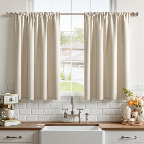 CUTEWIND Fönstergardiner moderna ogenomskinliga för kök bistrogardin set om 2 beige H 60 x B 120 cm, fönstergardin med stänger, köksgardiner för husbil, små fönster