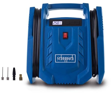 Scheppach Mobiler Kompressor Airforce 7 SC | Arbeitsdruck 8 bar | Ansaugleistung 24 L/min | Betreibbar mit AC 230 – 240 V~ / 50 Hz DC 12 V | inkl. Zubehör