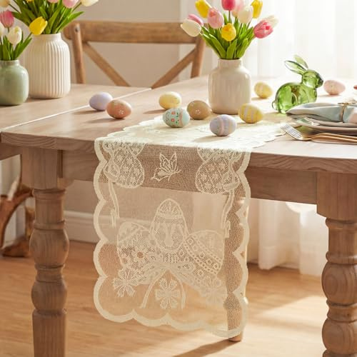 Artoid Mode Beige Lace Jacquard Easter Eggs Easter Table Runner 33 x 183 cm, Seasonal Spring Kitchen Dining Table Decoration for Home Party Decor