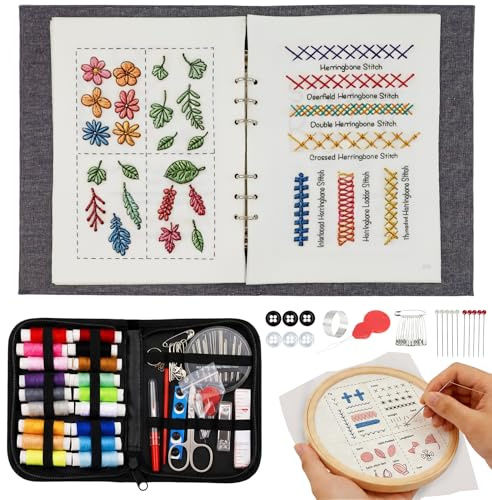 Morofme Stickbuch Set, Leinen Stickbuch zum Selber Sticken Ringbuchformat Design mit Stickrahmen, Nähwerkzeugen Sticken Für Anfänger, Embroidery Stitch Book Übung für Erwachsene Hobby Basteln Familie