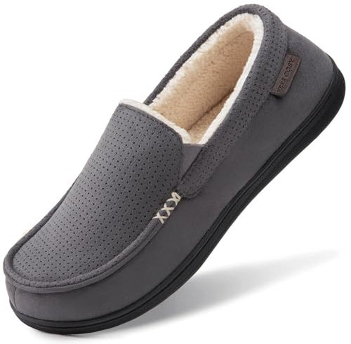 VeraCosy Men's Women's Comfy Suede Memory Foam Moccasin Slippers Warm Sherpa Lining House Shoes with Anti-Skid Rubber Sole, Dark Grey /Men, 11 UK Men/12 UK Women