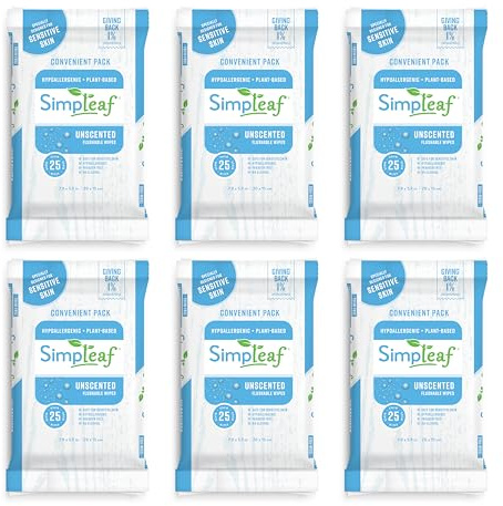 Simpleaf Flushable Wet Wipes Unscented | Eco-Friendly, Paraben & Alcohol Free | Hypoallergenic & Safe for Sensitive Skin | Soothing Aloe Formula | (6 x 25 Counts Convenient Pack) 150 Counts Total