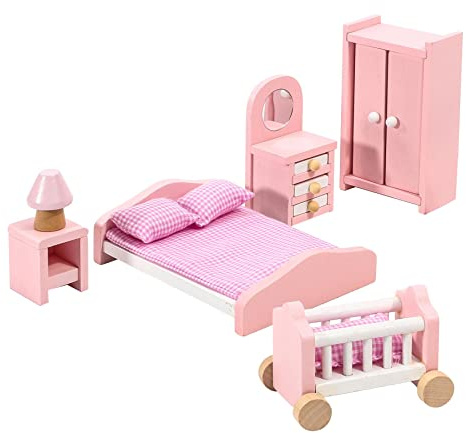 SOKA Wooden Pink Bedroom Playset Pretend Play Doll House Furniture Set Realistic Miniature Display Model Figures Bed Wardrobe Dressing Table Crib for Kids Children Girls Ages 3 year old +