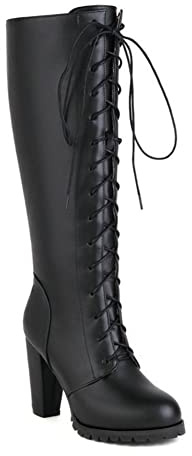 HOTRA Stivali al Ginocchio con Lacci in Pelle da Donna Tacco Alto con Plateau Stivali da Combattimento da Moto (Color : Nero, Size : 36 EU)