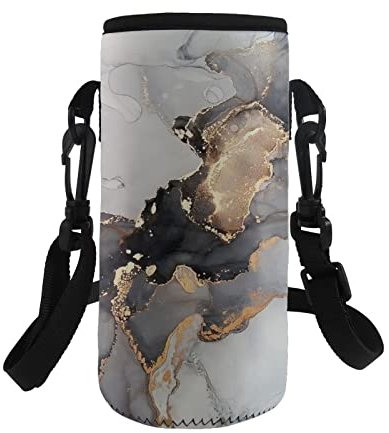 COEQINE Water Bottle Carrier Bag Holder Pouch Neoprene Insulated Print Marble Black Adjustable Shoulder Strap,for Hiking Outdoor for Stainless Steel and Plastic Bottle