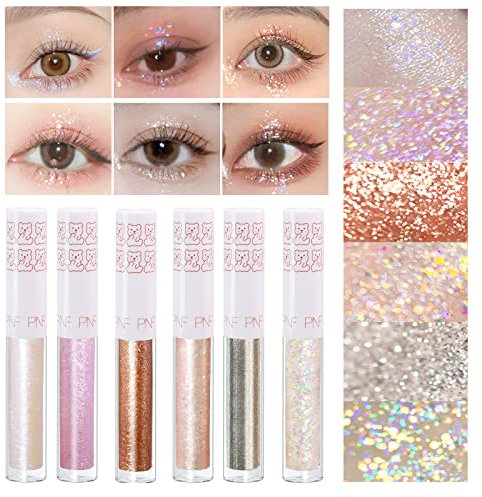 6Pcs Liquid Glitter Eyeshadow Eyeliner, Korean Makeup, Bling Under Eye Shadow, Shimmer Eye Make Up Valentine's Day Gift Set,Long Lasting,Quick Drying & Pigmented Loose Glitter Glue for Crystals Makeup