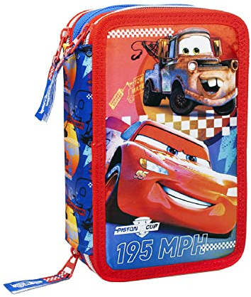 CARS - ASTUCCIO SCUOLA 3 ZIP ORIGINALE CARS - SAETTA MCQUEEN - COMPLETO DI 44 PEZZI - PRODOTTO UFFICIALE DISNEY CARS (ROSSO/AZZURRO)