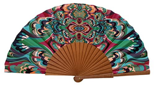 Abanico Español Arabesco - Madera y Algodón - 23 cm - Estuche y Funda de Yute - Accesorio de Moda - Hecho a Mano en España - Eventos y Regalos - Colección Alzar la Mirada - Tusitala Barcelona