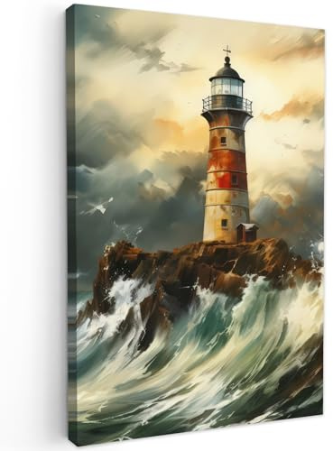 MuchoWow© Quadro Moderno Soggiorno 80x120 cm Decorazioni Da Parete Quadri Su Tela Da Salotto Grandi Foto Con Cornice Camera Da Letto CasaFaro - Acqua - Mare - Roccia - Pittura ad olio