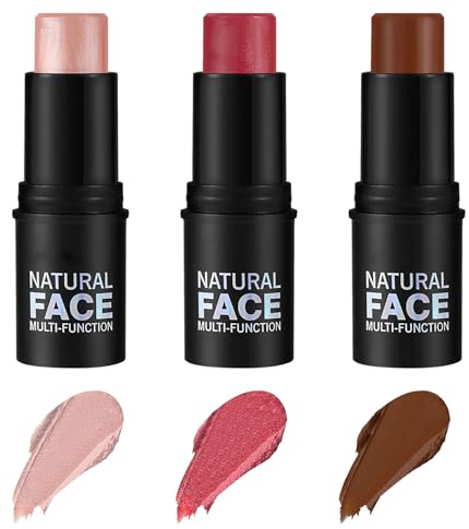 Lot de 3 sticks surligneur & blush & contour crème bronzante pour joues, yeux, lèvres, waterproof, longue durée