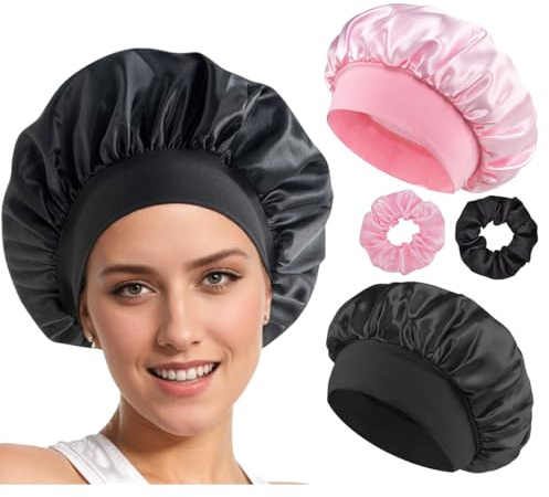 JRYXDS Bonnet Satin Cheveux Nuit 2 Bonnet De Sommeil En Satin Avec 2 Chouchous En Satin Bonnet Satin Cheveux Nuit Pour Dormir Pour Femmes Et Filles(Noir, Rose)