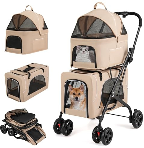 GOPLUS Carrito para Perros Plegable de 2 Niveles, Cochecito para Mascotas 3 en 1 con 2 Compartimentos Desmontables, Carro de Viaje para Gatos, Ruedas con Freno, Cojin Desmontable, 67×98×88cm (Beige)