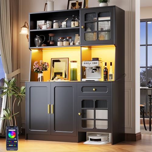 Biqzuya Armoire de Cuisine Haute 130 x 45 x 180 cm, Buffet Vitrine avec Étagères Réglables, Meuble de Rangement avec Éclairage LED à Couleurs Variables