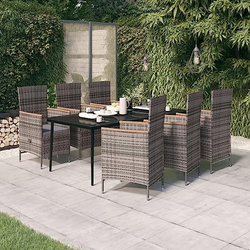 7-TLG. Gruppo da giardino in rattan PE resistente alle intemperie, grigio, con sedie regolabili, telaio in acciaio, piano in vetro per terrazza, balcone, esterno