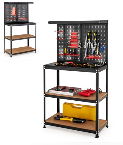 SOARS Banco da Lavoro, Organizer per Attrezzi in Metallo con 2 Pannelli Perforati con Kit di 14 Ganci, 2 Ripiani, Banchi da lavoro per Officina, Garage (Nero+Rosso, 81 X 41 X 156 CM-Senza Tiro)