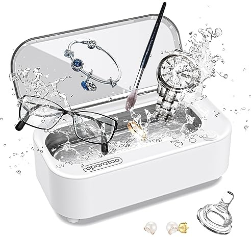 Limpiar Plata Ultrasonico, 48KHz Limpiador Ultrasonico con 2 Modos de Ajuste, Profesional Limpiador Ultrasónicopara Gafas, Anillo, Collares, Correa de Reloj, 304 Tanque de Acero Inoxidable con 350ML