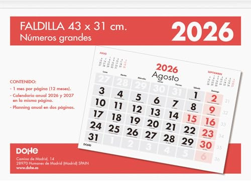 Dohe - Calendario 2026 Sobremesa - Tamaño Grande 43x31 cm, Mes Vista, 12 Meses Enero a Diciembre, Idioma Español, Hojas Microperforadas para Extracción Fácil, Números Grandes, Planning Anual