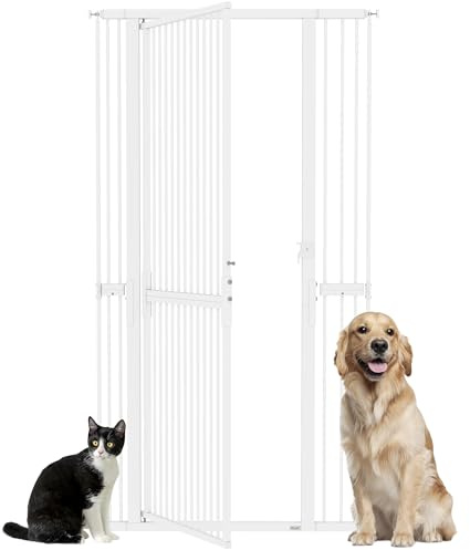 PawHut Cancelletto di Sicurezza per Cani Gatti Alto 180cm, Estensibile 77-104 cm, Cancellino per Cani, Spazio Extra Stretto 3.5cm, Montaggio a Pressione per Scale e Porte, Chiusura Manuale, Bianco