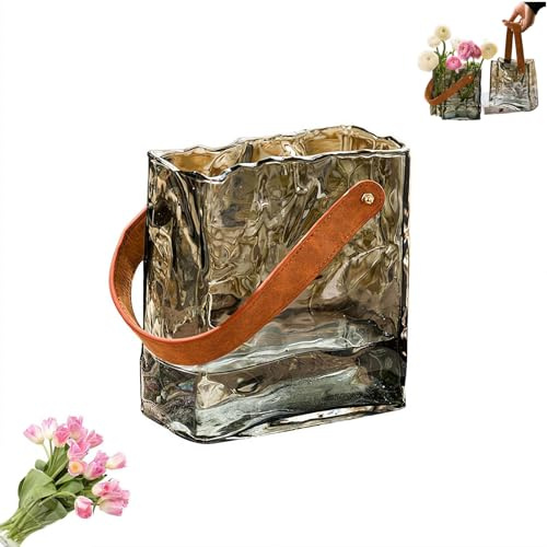 Glass Purse Vase, Creative Handbag Shape Glass Vase, Irregular Pleated Handbag Shaped GlassVase with Leather Handle, Small Bag Vases for Decor Decorative Fish Bowl for Home Wedding Decor