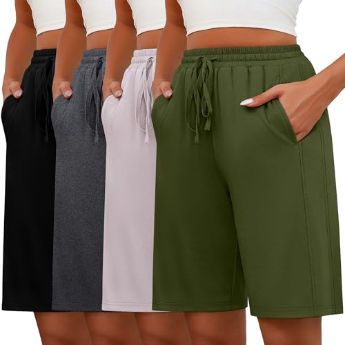 Geyoga Lot de 4 Bermudas pour Femmes, Taille Élastique avec Cordon de Serrage, Jambes Larges et Jambes Longues.(Noir, Gris foncé, Kaki Clair, Vert armée,XL)