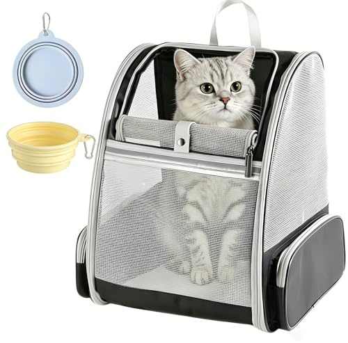 Cat Backpack Carrier for Small Dogs and Cats Fit Up to 8kg, Expandable & Foldable Pet Carrier Backpack with 3-Side Mesh Windows, Portable Pet Carrier with 2 Collapsible Feeding Bowls for Travel Hiking