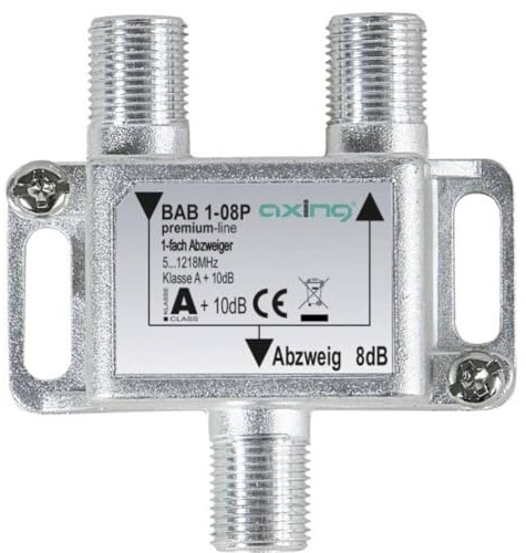 Axing BAB 1-08P 1-fach Abzweiger 8dB Kabelfernsehen CATV Multimedia DVB-T2 Klasse A+, 10dB, 5-1218 MHz metall